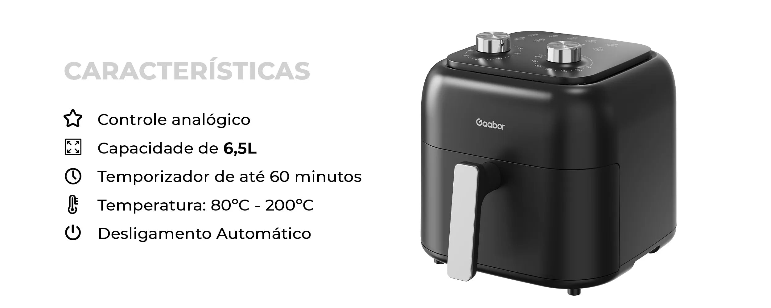 Fritadeira Elétrica Gaabor 6,5L 1600W Circulação de Ar 360° Controle Inteligente de Temperatura 10 Menus AF-80M01A