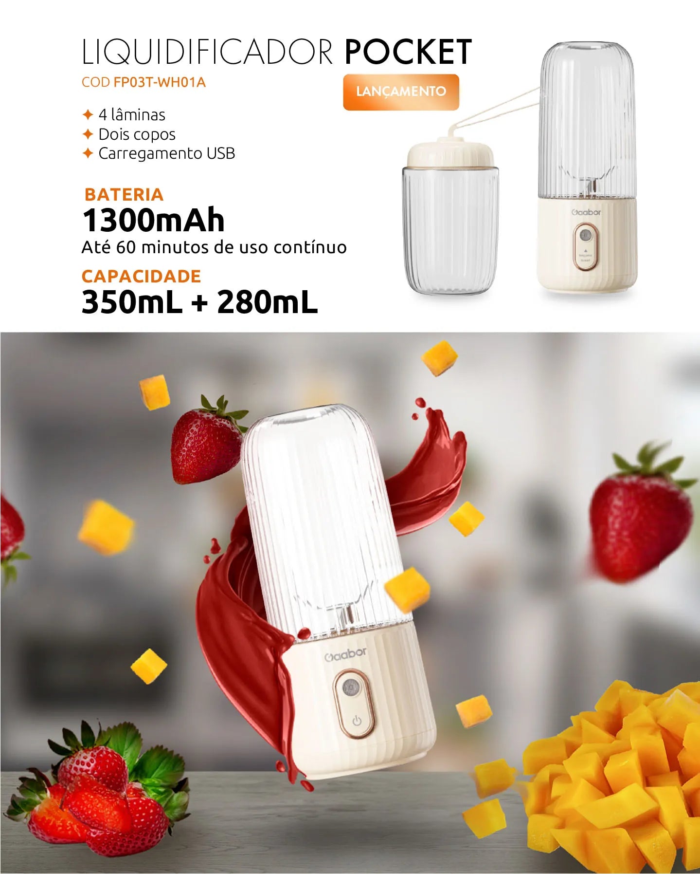 Gaabor Portable Travel Blender 300ml USB FP03T-WH01A