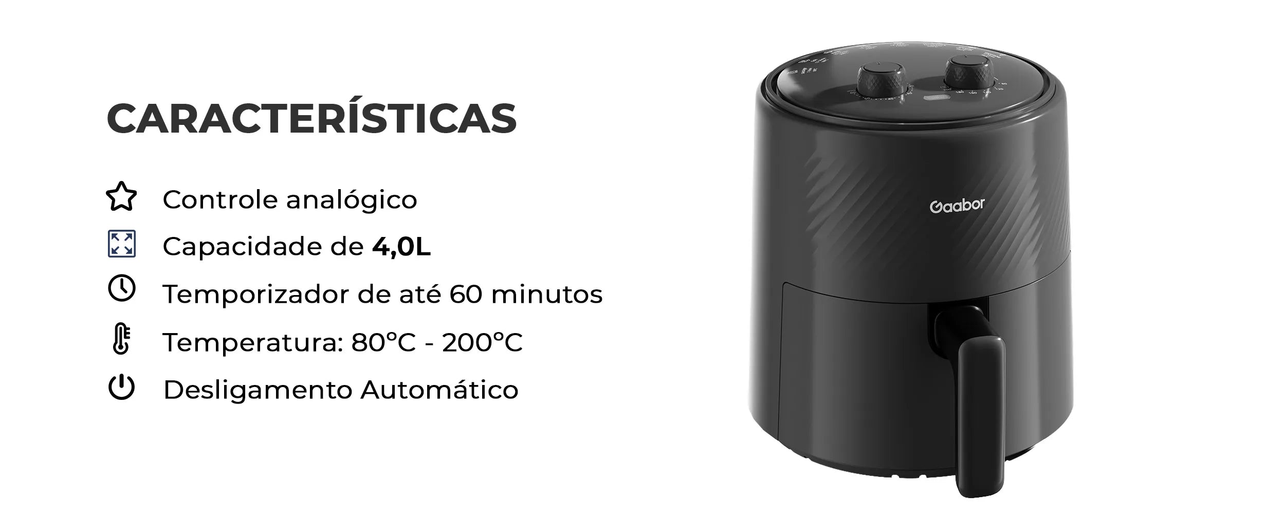 Fritadeira Elétrica Gaabor 4L 1300W com Circulação de Ar 360°, Cozimento Uniforme, Timer, Temperatura e Desligamento Automático AF-40M02A