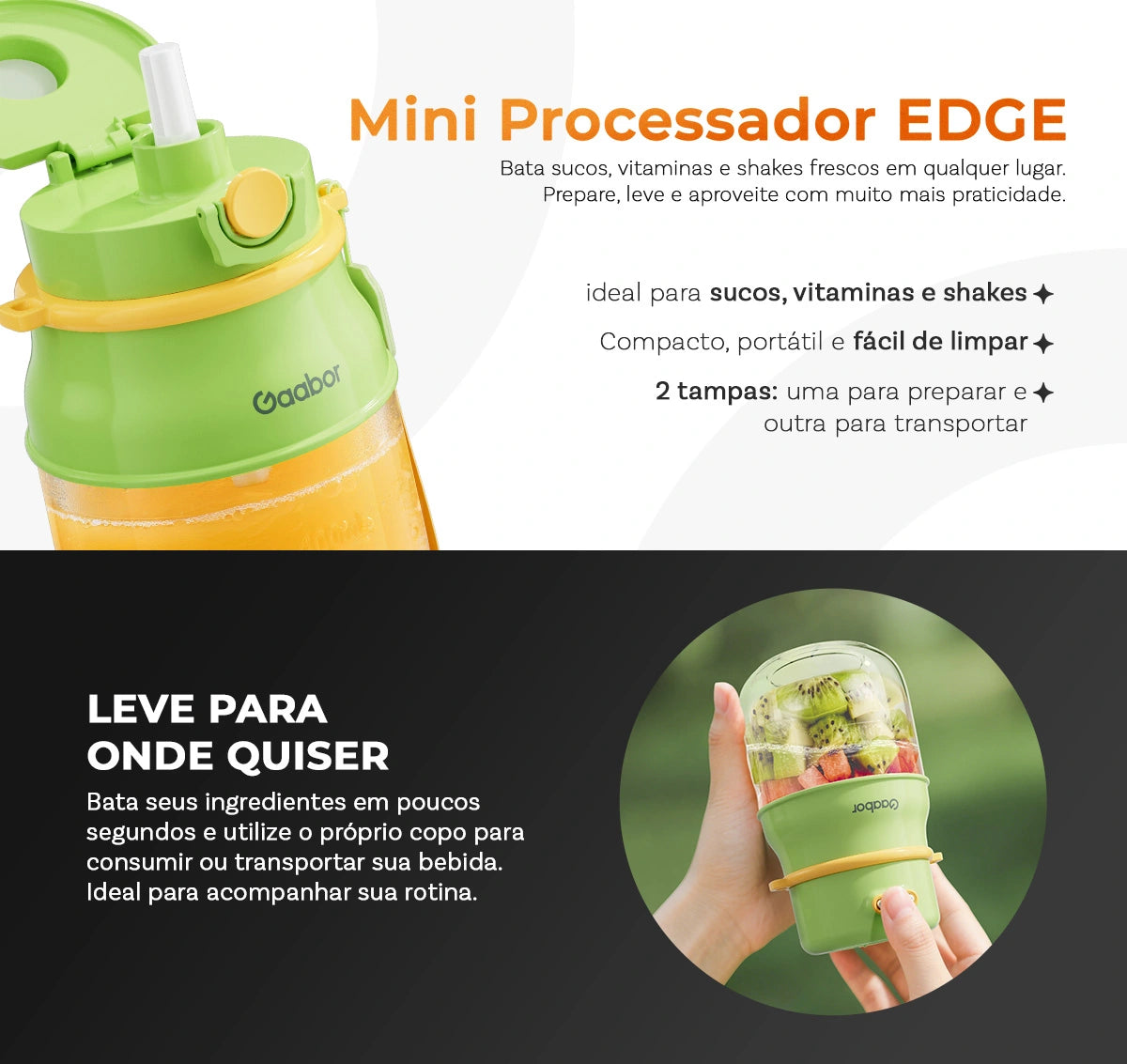 Liquidificador portátil Gaabor 1000ml 720ml 26 lâminas 17200 RPM Tipo C 1500mAh Copo misturador JM-M01A