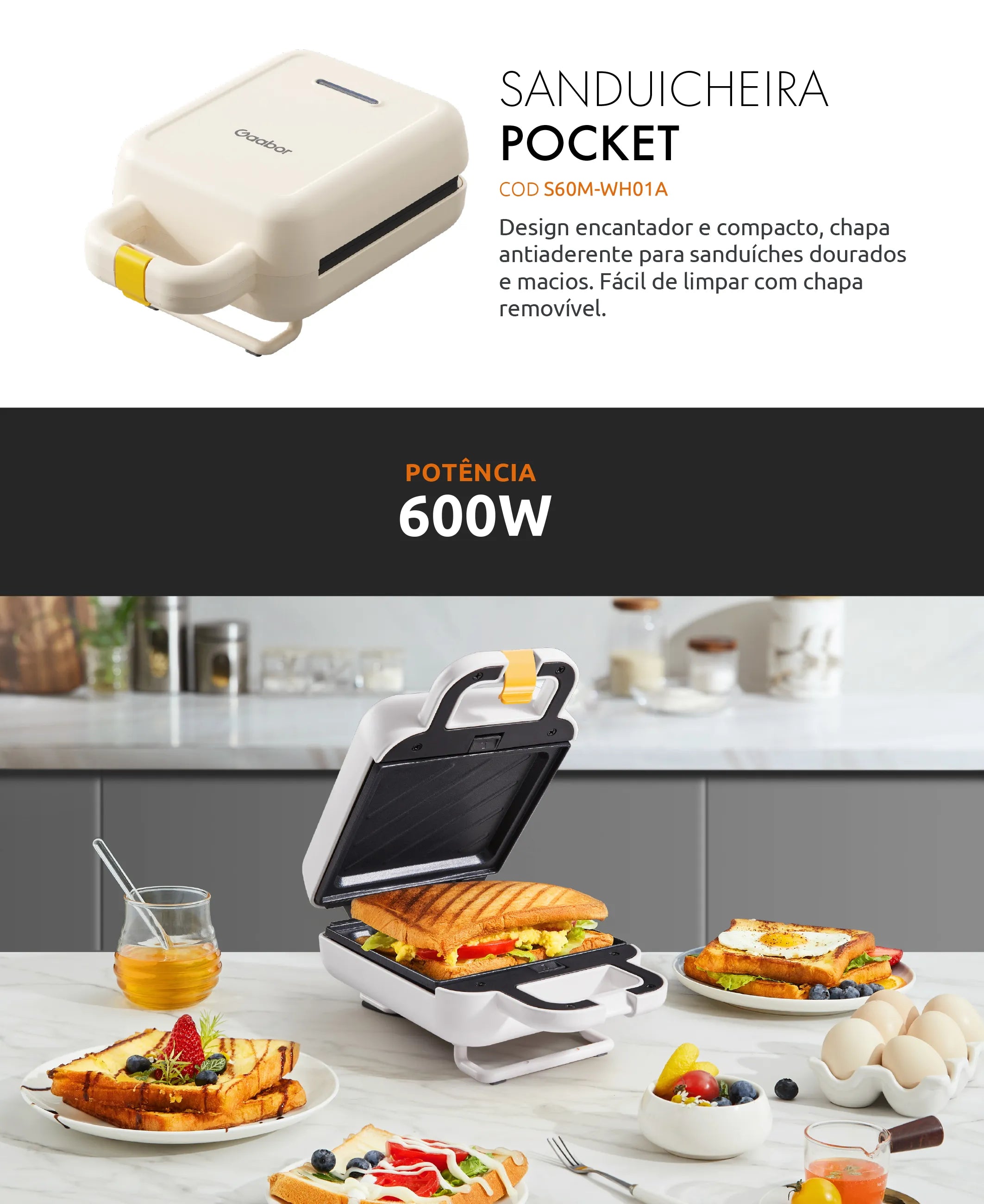 Gaabor Double-Sided Pocket Sandwich Maker, Portable Non-stick Removable Baking Pan SM60M-WH01A