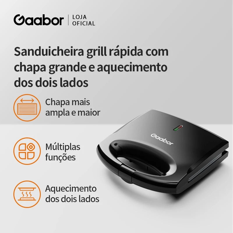 Sanduicheira Gaabor Preta 800W Dupla Face Antiaderente Compacta Leve Placa Grande EH-M03A